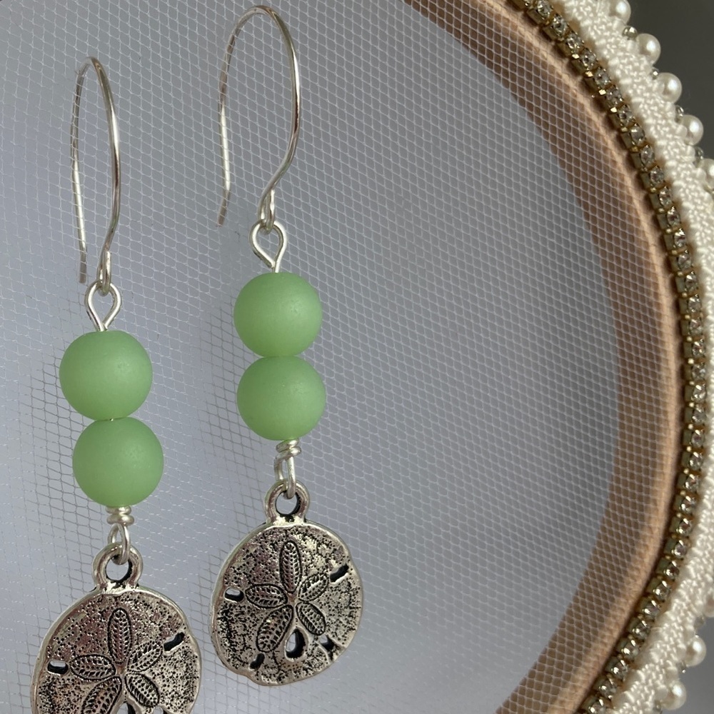 SEA Glass Beads and Sand Dollar Charm Dangle Earrings - Picture 5 of 10